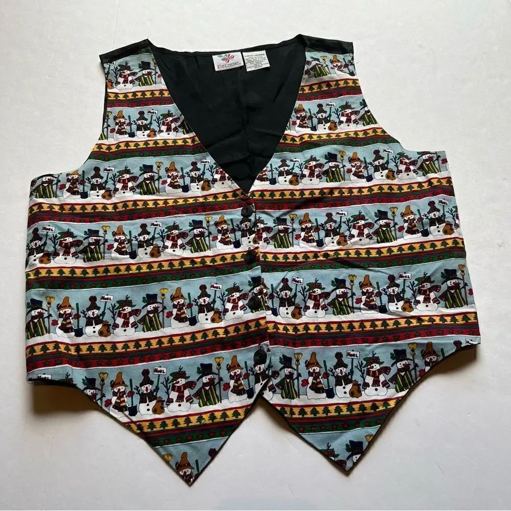 Women's Nutcracker Holiday Vest Light Weight Black Multi Snowmen Size Large